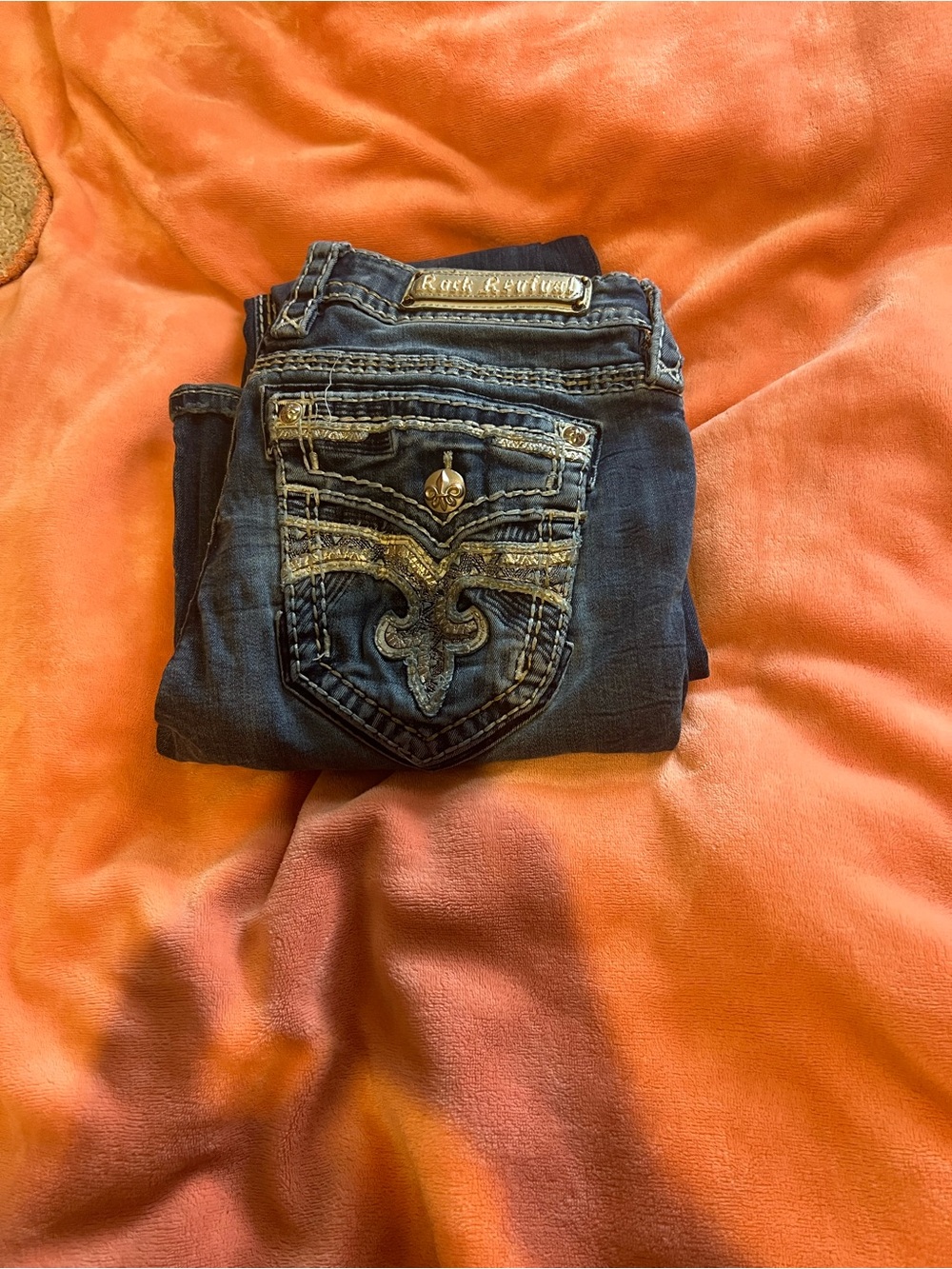 Rock Revival Dark Blue Bootcut Jeans with Fleur-de-lis Embroidery